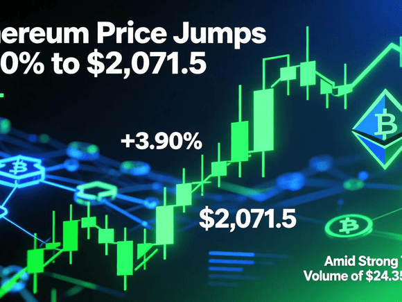 Ethereum Price Jumps 3.90% to $2,071.5 Amid Strong Trading Volume of $24.35 Billion