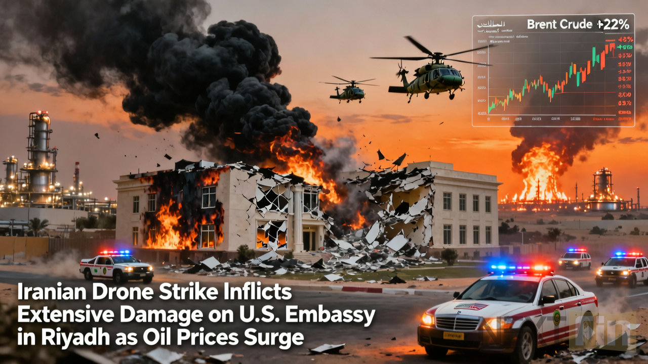 Iranian Drone Strike Inflicts Extensive Damage on U.S. Embassy in Riyadh as Oil Prices Surge