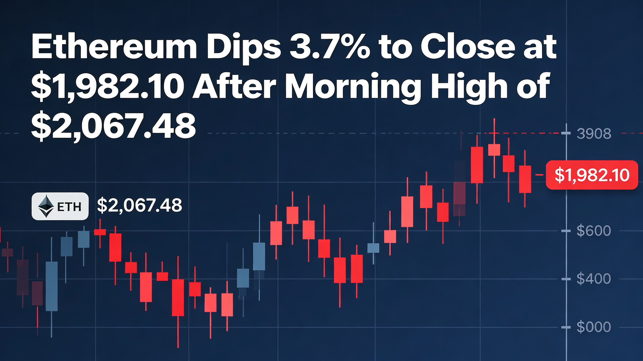 Ethereum Dips 3.7% to Close at $1,982.10 After Morning High of $2,067.48