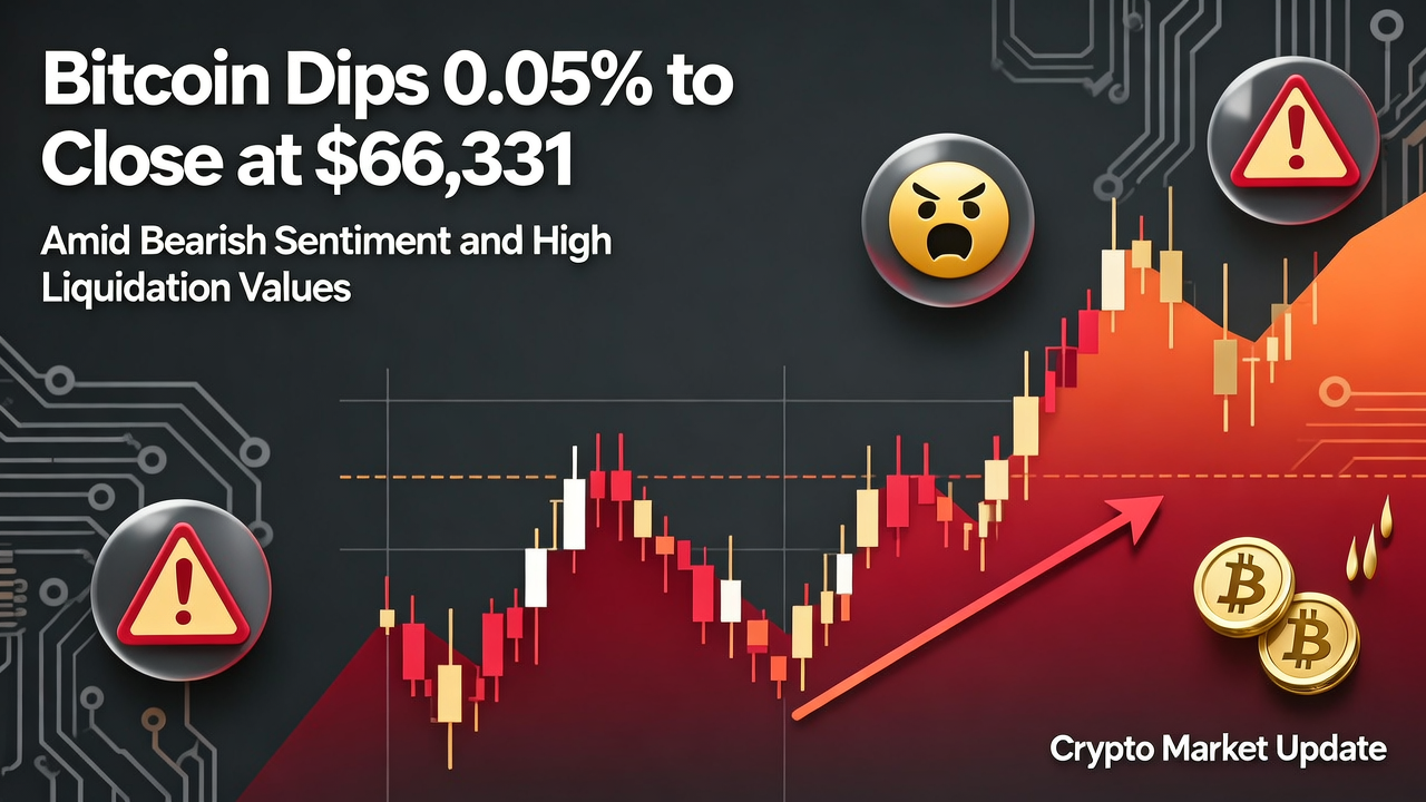 Bitcoin Dips 0.05% to Close at $66,331 Amid Bearish Sentiment and High Liquidation Values