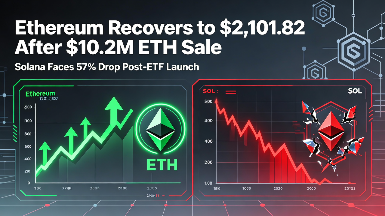 Ethereum Recovers to $2,101.82 After $10.2M ETH Sale, Solana Faces 57% Drop Post-ETF Launch