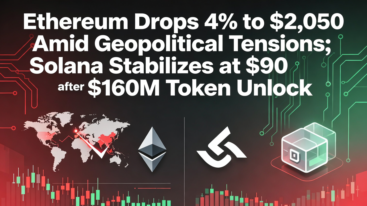 Ethereum Drops 4% to $2,050 Amid Geopolitical Tensions; Solana Stabilizes at $90 After $160M Token Unlock
