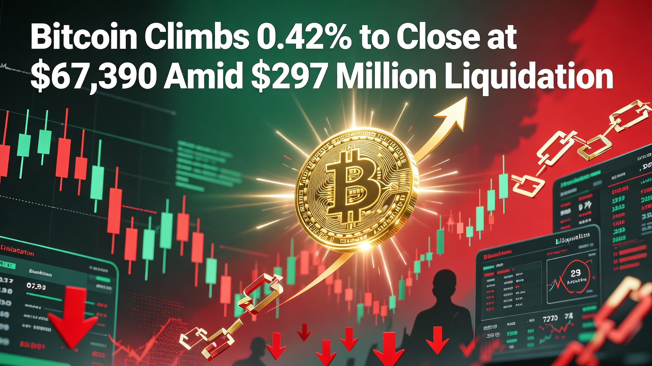 Bitcoin Climbs 0.42% to Close at $67,390 Amid $297 Million Liquidation