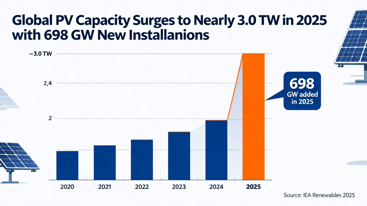 Global PV Capacity Surges to Nearly 3.0 TW in 2025 with 698 GW New Installations