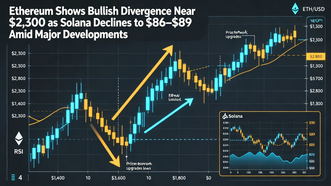 Ethereum Shows Bullish Divergence Near $2,300 as Solana Declines to $86-$89 Amid Major Developments