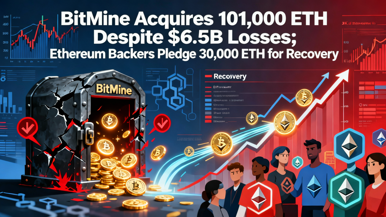 BitMine Acquires 101,000 ETH Despite $6.5B Losses; Ethereum Backers Pledge 30,000 ETH for Recovery