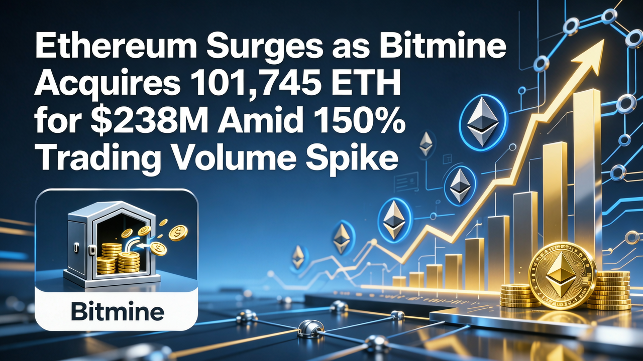 Ethereum Surges as Bitmine Acquires 101,745 ETH for $238M Amid 150% Trading Volume Spike